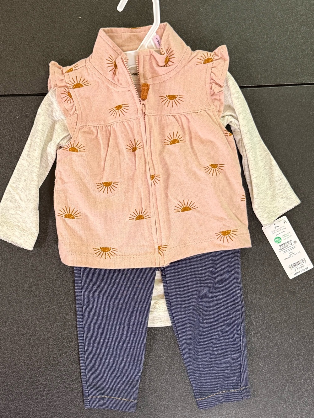 Pink Sun Print Ruffle Vest Set with longsleeve onesie & Jeggings